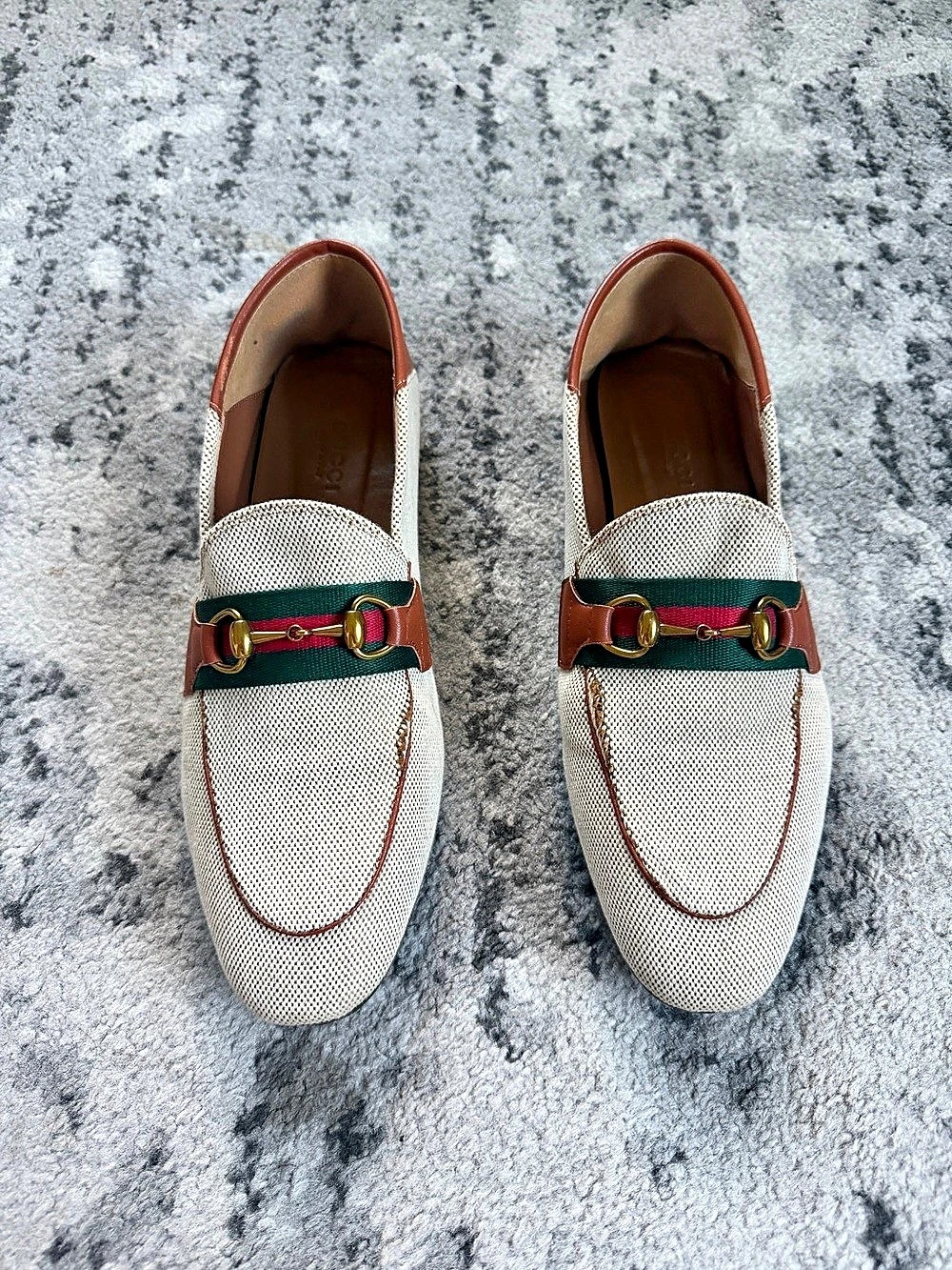 Gucci Men’s Horsebit Web Canvas Leather Loafers Beige Brown Size 42